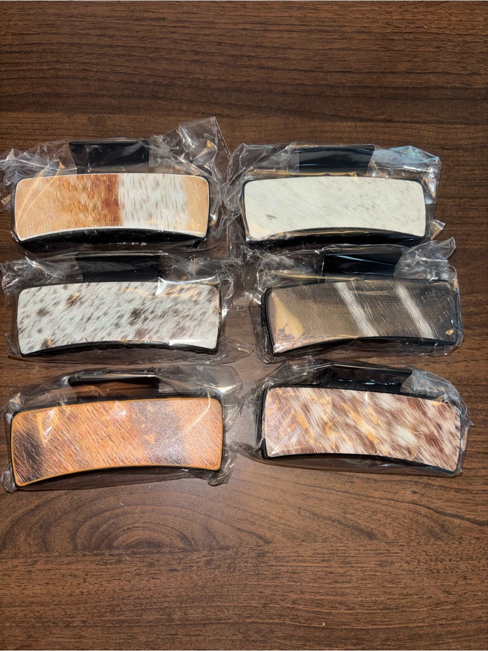 Faux Leather-animal print Inlay Rectangular Hair Clip - Brown & Cream